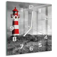Tulup Wandklok - Vuurtoren Wandklok Glas Decoratie - 30x30 cm - Rood Gekleurde Glazen Klok - Witte handen - Vierkante Klok - Klok Glas Met Opdruk - Moderne Wandklok Glas