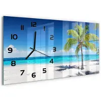 Tulup Wandklok - Tropisch strand Wandklok Glas Decoratie - 60x30 cm - Blauw Gekleurde Glazen Klok - Zwarte handen - Rechthoekige Klok - Klok Glas Met Opdruk - Moderne Wandklok Glas