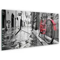 Tulup Wandklok - Rode fiets Glazen Wandklok Design - 60x30 cm - Rood Klok Glas Met Opdruk - Zwarte handen - Rechthoekige Klok - Wandklok Glas Met Motief - Decoratieve Glazen Klok