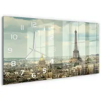 Tulup Wandklok - Eiffeltoren Parijs Gekleurde Glazen Klok - 60x30 cm - Beige Glazen Klok Met Print - Witte handen - Rechthoekige Klok - Moderne Wandklok Glas - Wandklok Glas Decoratie