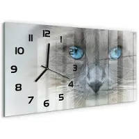 Tulup Wandklok - De kat met blauwe ogen Decoratieve Glazen Klok - 60x30 cm - Blauw Glazen Wandklok Design - Zwarte handen - Rechthoekige Klok - Glazen Klok Met Print - Wandklok Glas Met Motief