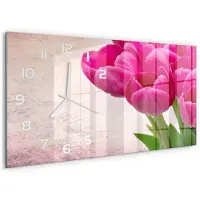 Tulup Wandklok - Roze tulpen Moderne Wandklok Glas - 60x30 cm - Paars Wandklok Glas Decoratie - Witte handen - Rechthoekige Klok - Glazen Wandklok Design - Klok Glas Met Opdruk