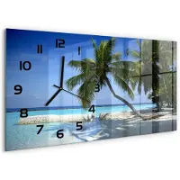 Tulup Wandklok - Tropisch strand Moderne Wandklok Glas - 60x30 cm - Blauw Wandklok Glas Decoratie - Zwarte handen - Rechthoekige Klok - Glazen Wandklok Design - Klok Glas Met Opdruk