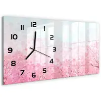 Tulup Wandklok - Kersenbloesem Decoratieve Glazen Klok - 60x30 cm - Roze Glazen Wandklok Design - Zwarte handen - Rechthoekige Klok - Glazen Klok Met Print - Wandklok Glas Met Motief