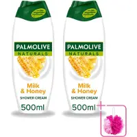 Palmolive 2 x Naturals - Douchecrème - Melk & Honing - 500 ml - Bulkverpakking - Douchegel melk honing - Douchemop - Natuurlijke douchegel