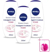 Nivea 3 x - Shower Indulgent Moisture Rose Douchecrème - 250 ml - Bulkverpakking - Douchecrème - Douchemop - Hydraterende douchecrème