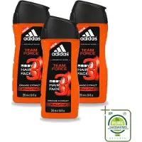 Adidas 3 x - 3-in-1 Douchegel - Team Force - Sinaasappel Extract - Stimulating - 250 ml - Grootverpakking - Vaatwasstrips - Douchegel - Energie - Frisheid - Sinaasappel - 3-in-1