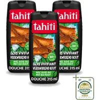 Tahiti 3 x – Douchegel – Tropenhout Vegan - 315 ml - Wasstrips - Douchegel Tropisch Hout - Vegan Douchegel - Natuurlijke Douchegel - Houtgeur Douchegel - Energieke Douchegel