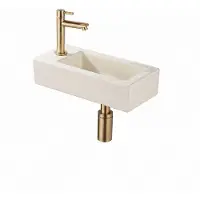 Qeramiq Fuente fonteinset – 38x18.5x9 cm – keramiek linnen – kraangat links – geborsteld gouden kraan SW1449877/SW696202/SW696213/SW696238