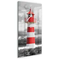 Tulup Wandklok - Vuurtoren Glazen Klok Met Print - 30x60 cm - Rood Wandklok Glas Met Motief - Witte handen - Rechthoekige Klok - Wandklok Glas Decoratie - Gekleurde Glazen Klok