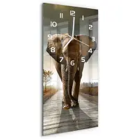 Tulup Wandklok - Wandelende olifant Wandklok Glas Decoratie - 30x60 cm - Bruin Gekleurde Glazen Klok - Witte handen - Rechthoekige Klok - Klok Glas Met Opdruk - Moderne Wandklok Glas