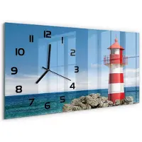 Tulup Wandklok - Vuurtoren Decoratieve Glazen Klok - 60x30 cm - Rood Glazen Wandklok Design - Zwarte handen - Rechthoekige Klok - Glazen Klok Met Print - Wandklok Glas Met Motief