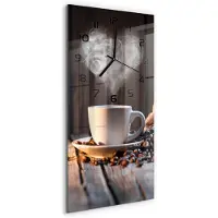 Tulup Wandklok - Kopje koffie Glazen Klok Met Print - 30x60 cm - Bruin Wandklok Glas Met Motief - Zwarte handen - Rechthoekige Klok - Wandklok Glas Decoratie - Gekleurde Glazen Klok