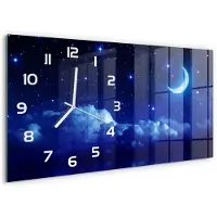 Tulup Wandklok - De nachtelijke hemel Wandklok Glas Decoratie - 60x30 cm - Blauw Gekleurde Glazen Klok - Witte handen - Rechthoekige Klok - Klok Glas Met Opdruk - Moderne Wandklok Glas