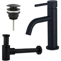 FortiFura Calvi Slim wastafelkraanset - laag - met klikwaste - met verlaagde sifon - mat zwart SW377835/SW696199/SW696215