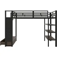 STILVORA Kinderbed met hemelbed, 140x200 cm, met open kledingkast en LED-verlichting. Metalen hemelbed met opbergvakken en een paneel met gaten, zwart hemelbedframe voor extra opbergruimte