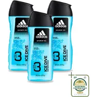 Adidas 3 x - 3-in-1 Douchegel - Ice Dive Refreshing - Marine Extract - 250 ml - Wasstrips - Douchegel - Douche En Shampoo - Verfrissend - Sportieve Verzorging - Frisheid