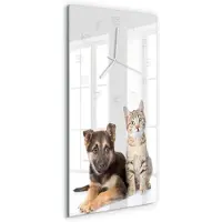 Tulup Wandklok - Hond en kat Glazen Wandklok Design - 30x60 cm - Zwart Klok Glas Met Opdruk - Witte handen - Rechthoekige Klok - Wandklok Glas Met Motief - Decoratieve Glazen Klok