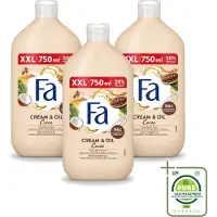 Fa 3 x - Cream & Oil Cacao - Bad- & Douchegel - Cacaoboter Met Kokosolie - 750 ml - Grootverpakking - Vaatwasstrips - Bad En Douche Gel - Cacaoboter - Kokosolie - Huid Verzorging - Hydraterende Gel