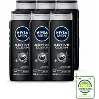 Nivea 6 x MEN - Douchegel - Active Clean - 500 ml - Grootverpakking - Vaatwasstrips - Douchegel Mannen - Actief Houtskool - Reinigende Douchegel - Lichaam Reinigen - Gezicht Reinigen
