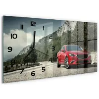Tulup Wandklok - Auto in de bergen Wandklok Glas Decoratie - 60x30 cm - Rood Gekleurde Glazen Klok - Zwarte handen - Rechthoekige Klok - Klok Glas Met Opdruk - Moderne Wandklok Glas
