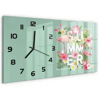 Tulup Wandklok - Vakanties en flamingo's Wandklok Glas Decoratie - 60x30 cm - Veelkleurig Gekleurde Glazen Klok - Zwarte handen - Rechthoekige Klok - Klok Glas Met Opdruk - Moderne Wandklok Glas