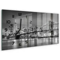 Tulup Wandklok - Brooklynbrug Glazen Klok Met Print - 60x30 cm - Zwart-wit Wandklok Glas Met Motief - Zwarte handen - Rechthoekige Klok - Wandklok Glas Decoratie - Gekleurde Glazen Klok