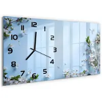 Tulup Wandklok - Achtergrond met kersenbloesem Decoratieve Glazen Klok - 60x30 cm - Blauw Glazen Wandklok Design - Zwarte handen - Rechthoekige Klok - Glazen Klok Met Print - Wandklok Glas Met Motief