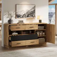 OKWISH Dressoir - 6 Lades En 1 Deur - 12 Opbergvakken - Voor Woonkamer, Hal Of Keuken - MDF Eikenkleur En Zwart - 140 x 35 x 70 Cm