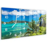Tulup Wandklok - kust van de Seychellen Klok Glas Met Opdruk - 60x30 cm - Veelkleurig Moderne Wandklok Glas - Witte handen - Rechthoekige Klok - Decoratieve Glazen Klok - Glazen Wandklok Design