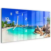 Tulup Wandklok - strand op de Seychellen Moderne Wandklok Glas - 60x30 cm - Blauw Wandklok Glas Decoratie - Witte handen - Rechthoekige Klok - Glazen Wandklok Design - Klok Glas Met Opdruk