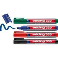 Edding 330 permanent marker - zwart, rood, blauw, groen - 4 stiften - beitelpunt 1-5 mm - water en wrijfvast - voor karton, kunststof, hout, metaal, etc. - alcohol markers voor volwassenen