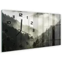 Tulup Wandklok - Mist boven het bos Moderne Wandklok Glas - 60x30 cm - Zwart-wit Wandklok Glas Decoratie - Zwarte handen - Rechthoekige Klok - Glazen Wandklok Design - Klok Glas Met Opdruk