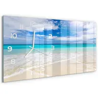 Tulup Wandklok - Tropisch strand Glazen Klok Met Print - 60x30 cm - Blauw Wandklok Glas Met Motief - Witte handen - Rechthoekige Klok - Wandklok Glas Decoratie - Gekleurde Glazen Klok