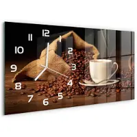 Tulup Wandklok - Koffie in een kopje Wandklok Glas Decoratie - 60x30 cm - Bruin Gekleurde Glazen Klok - Witte handen - Rechthoekige Klok - Klok Glas Met Opdruk - Moderne Wandklok Glas