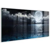 Tulup Wandklok - Volle maan Glazen Klok Met Print - 60x30 cm - Blauw Wandklok Glas Met Motief - Zwarte handen - Rechthoekige Klok - Wandklok Glas Decoratie - Gekleurde Glazen Klok