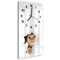 Tulup Wandklok - Kat in het gat Glazen Klok Met Print - 30x60 cm - Beige Wandklok Glas Met Motief - Zwarte handen - Rechthoekige Klok - Wandklok Glas Decoratie - Gekleurde Glazen Klok