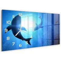 Tulup Wandklok - Twee haaien Glazen Wandklok Design - 60x30 cm - Blauw Klok Glas Met Opdruk - Witte handen - Rechthoekige Klok - Wandklok Glas Met Motief - Decoratieve Glazen Klok