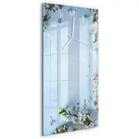 Tulup Wandklok - Kersenbloesem Klok Glas Met Opdruk - 30x60 cm - Blauw Moderne Wandklok Glas - Witte handen - Rechthoekige Klok - Decoratieve Glazen Klok - Glazen Wandklok Design