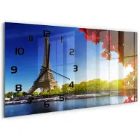 Tulup Wandklok - Eiffeltoren Parijs Glazen Wandklok Design - 60x30 cm - Veelkleurig Klok Glas Met Opdruk - Zwarte handen - Rechthoekige Klok - Wandklok Glas Met Motief - Decoratieve Glazen Klok