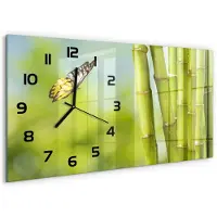 Tulup Wandklok - Bamboe en vlinder Klok Glas Met Opdruk - 60x30 cm - Groente Moderne Wandklok Glas - Zwarte handen - Rechthoekige Klok - Decoratieve Glazen Klok - Glazen Wandklok Design