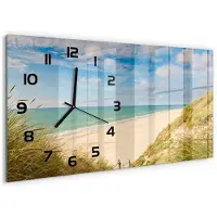 Tulup Wandklok - Duin aan zee Glazen Wandklok Design - 60x30 cm - Blauw Klok Glas Met Opdruk - Zwarte handen - Rechthoekige Klok - Wandklok Glas Met Motief - Decoratieve Glazen Klok