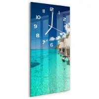 Tulup Wandklok - Tropisch eiland Decoratieve Glazen Klok - 30x60 cm - Blauw Glazen Wandklok Design - Witte handen - Rechthoekige Klok - Glazen Klok Met Print - Wandklok Glas Met Motief