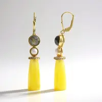 Cavill - Verguld 925 Sterling Zilver Oorbellen - Fancy Geslepen Gele Chalcedoon 17,1 ct - Gouden Labradoriet & Zoetwaterparels - Luxe Sieraden