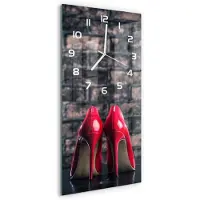 Tulup Wandklok - Rode hoge hakken Wandklok Glas Decoratie - 30x60 cm - Rood Gekleurde Glazen Klok - Witte handen - Rechthoekige Klok - Klok Glas Met Opdruk - Moderne Wandklok Glas