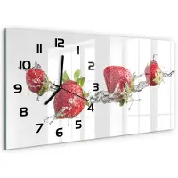 Tulup Wandklok - Aardbeien en water Glazen Klok Met Print - 60x30 cm - Rood Wandklok Glas Met Motief - Zwarte handen - Rechthoekige Klok - Wandklok Glas Decoratie - Gekleurde Glazen Klok