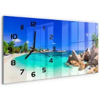 Tulup Wandklok - strand op de Seychellen Wandklok Glas Met Motief - 60x30 cm - Blauw Decoratieve Glazen Klok - Zwarte handen - Rechthoekige Klok - Gekleurde Glazen Klok - Glazen Klok Met Print