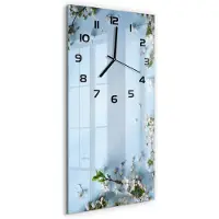 Tulup Wandklok - Kersenbloesem Glazen Wandklok Design - 30x60 cm - Blauw Klok Glas Met Opdruk - Zwarte handen - Rechthoekige Klok - Wandklok Glas Met Motief - Decoratieve Glazen Klok