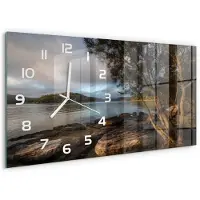 Tulup Wandklok - Boom aan de rivier Glazen Klok Met Print - 60x30 cm - Bruin Wandklok Glas Met Motief - Witte handen - Rechthoekige Klok - Wandklok Glas Decoratie - Gekleurde Glazen Klok