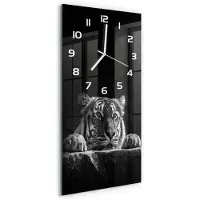 Tulup Wandklok - Tijger Wandklok Glas Decoratie - 30x60 cm - Zwart-wit Gekleurde Glazen Klok - Witte handen - Rechthoekige Klok - Klok Glas Met Opdruk - Moderne Wandklok Glas